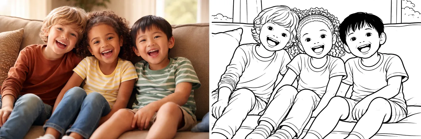 A group of kids on a couch on the left and the same group turned into a clean black-and-white coloring page on the right