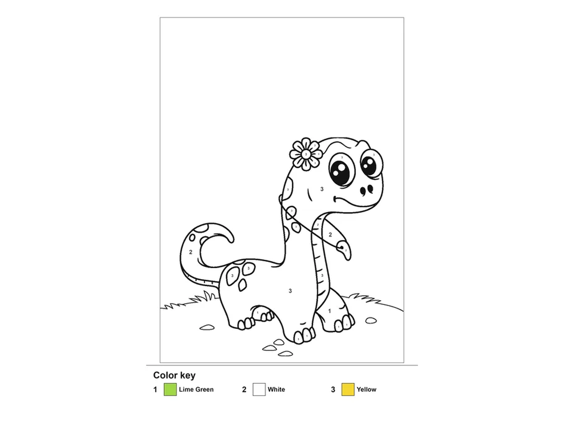 A color-by-number outline sheet of a cute dinosaur with numbered regions and a color key (1 lime green, 2 white, 3 yellow)