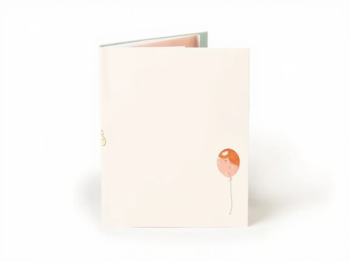 A small folded stapled coloring booklet standing open with a balloon on the cover