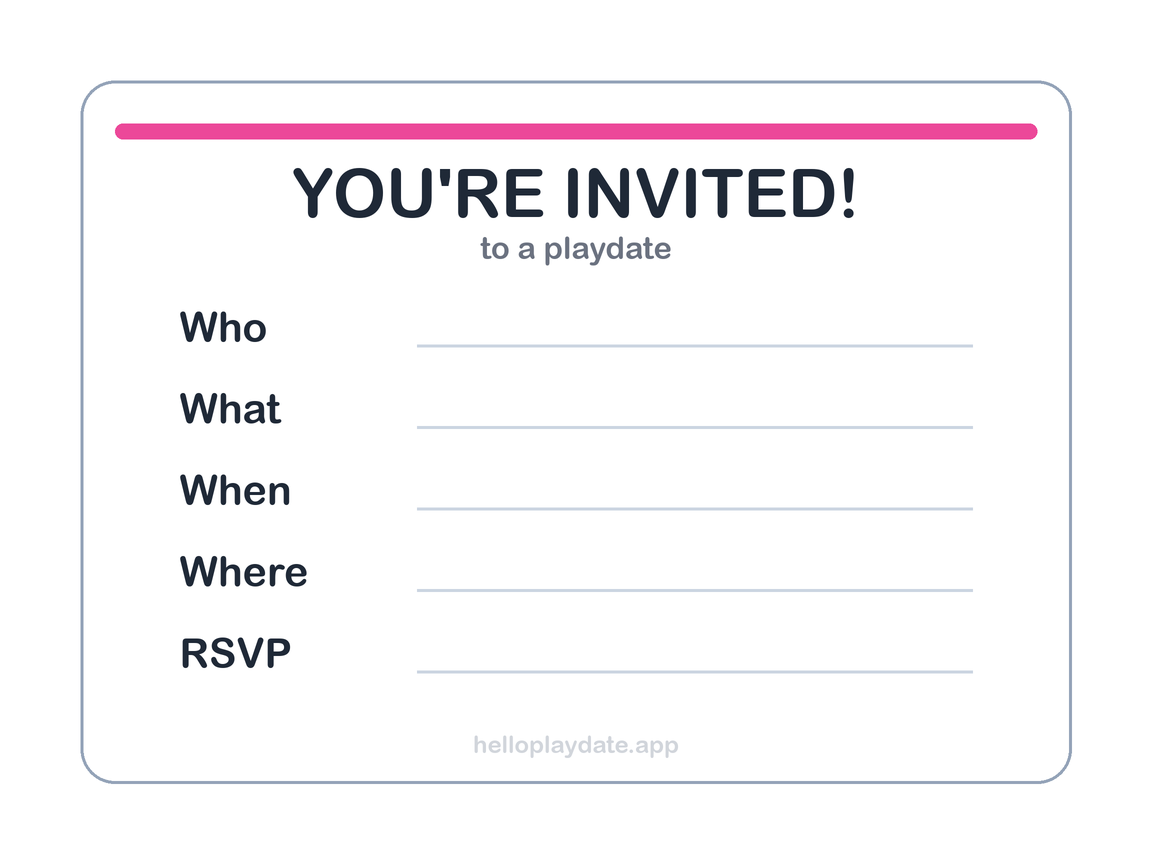A fill-in-the-blank printable playdate invitation card with blank lines for Who, What, When, Where and RSVP