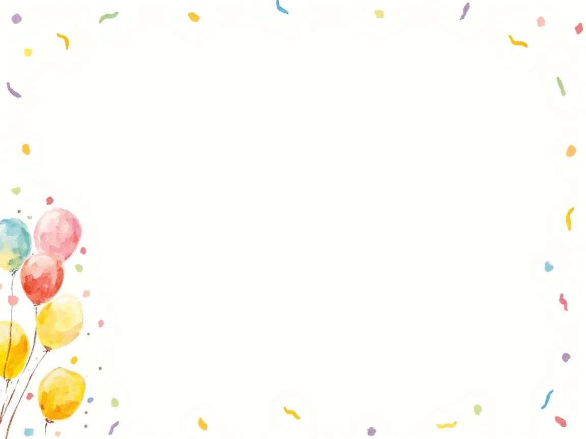 A themed kids' party invitation card with a bright balloons-and-confetti border