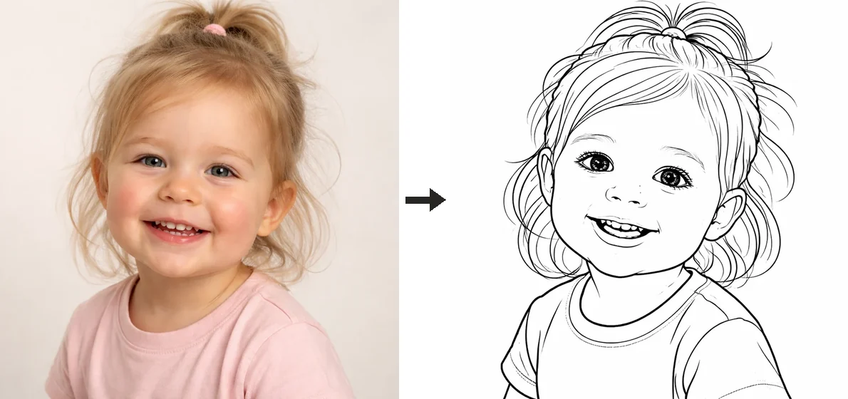 A photo of a smiling child on the left and the same child turned into a clean black-and-white coloring page on the right