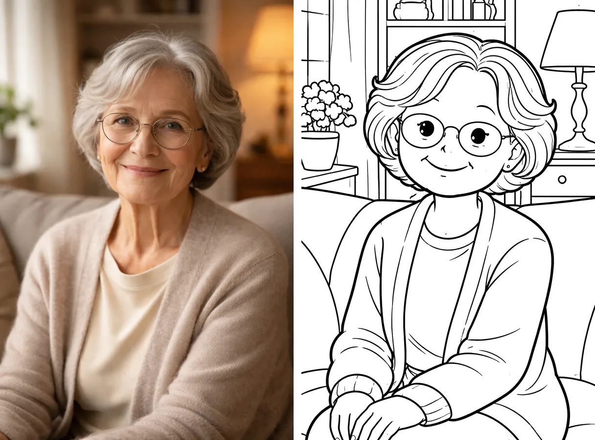 A warm portrait of a grandmother on the left and the same portrait turned into clean coloring lines on the right
