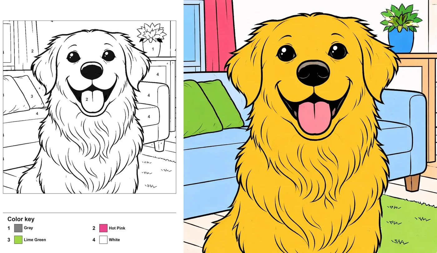 A pet photo turned into a color-by-number worksheet with numbered regions on the left and the colored answer key on the right