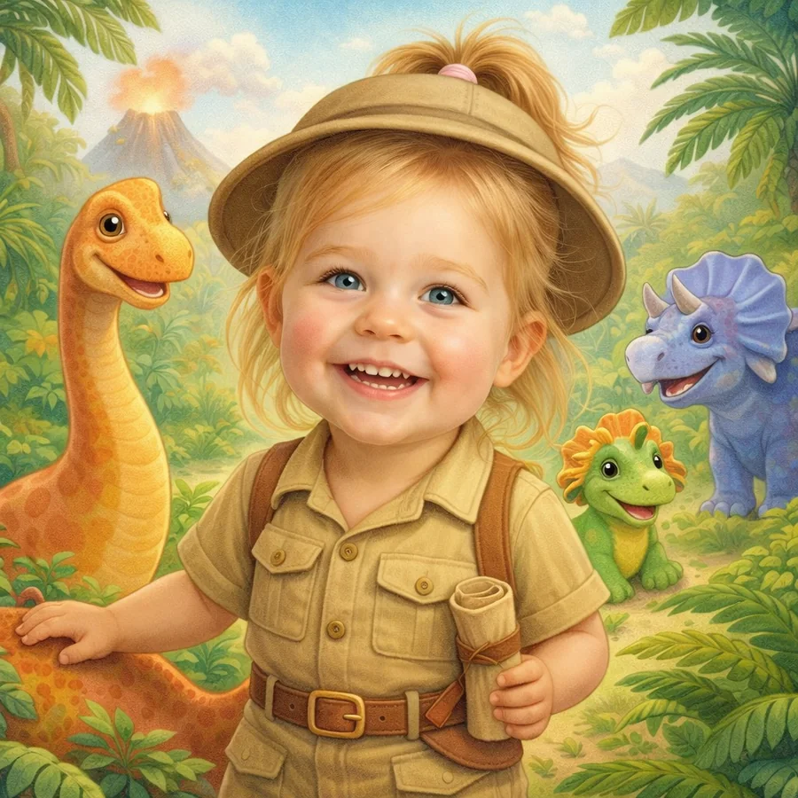 A smiling child illustrated as the hero of a dinosaur-discovery storybook