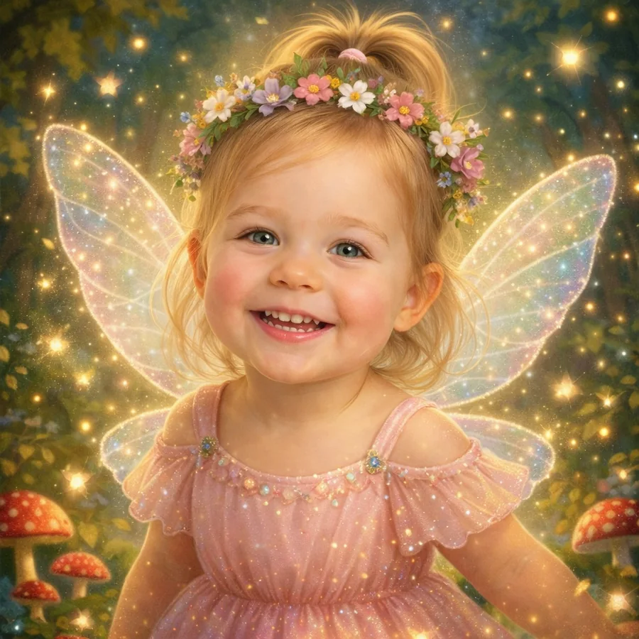 A smiling child illustrated as the fairy hero of a fairy-tale-forest storybook