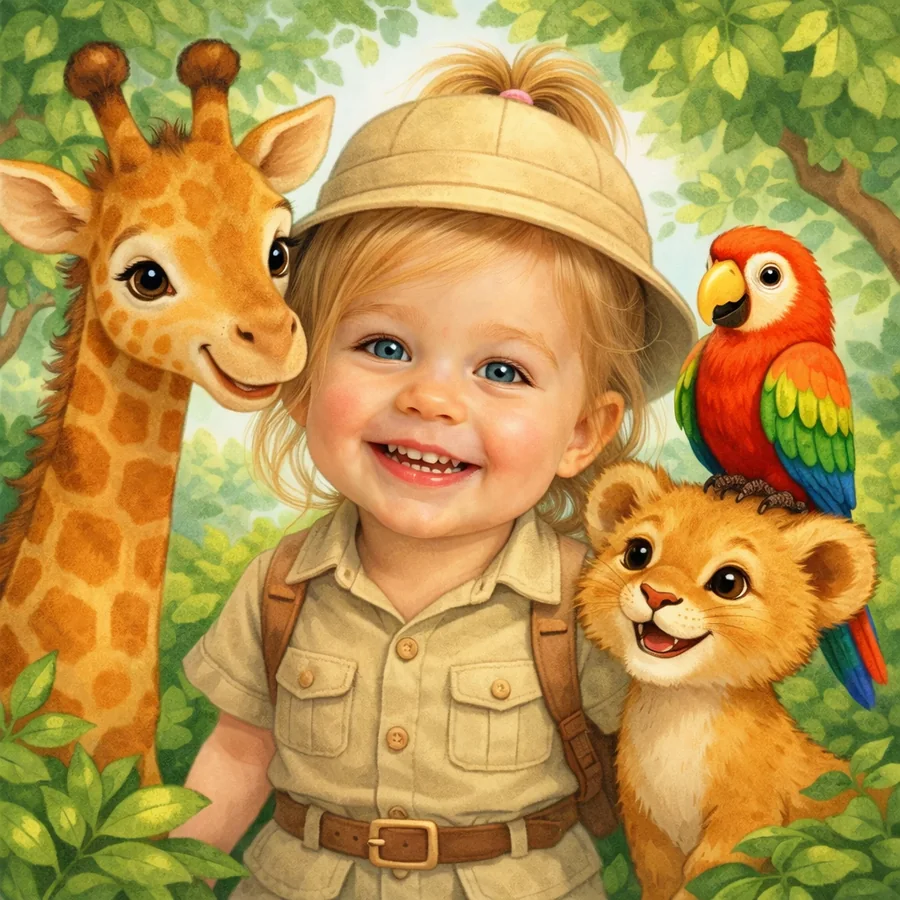A child illustrated as the explorer hero of a jungle-safari storybook