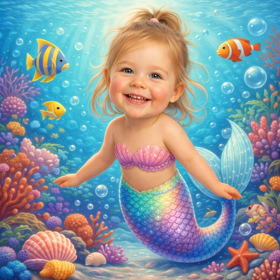 A smiling child illustrated as a mermaid hero of an under-the-sea storybook
