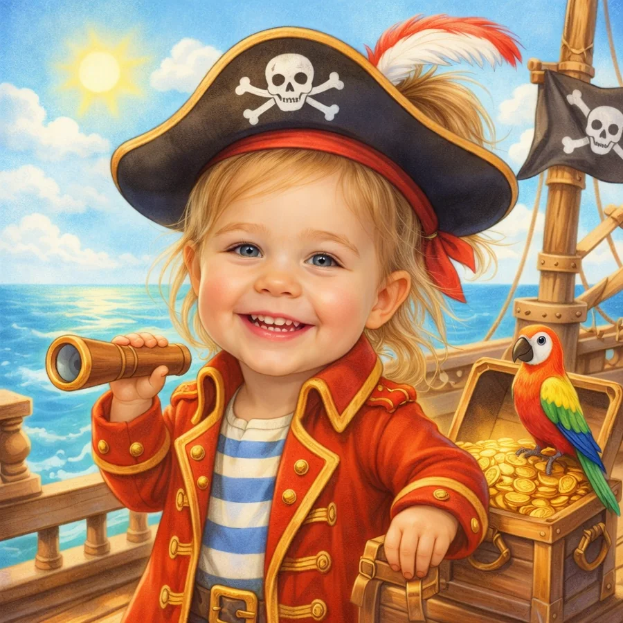 A child illustrated as the captain hero of a pirate-voyage storybook