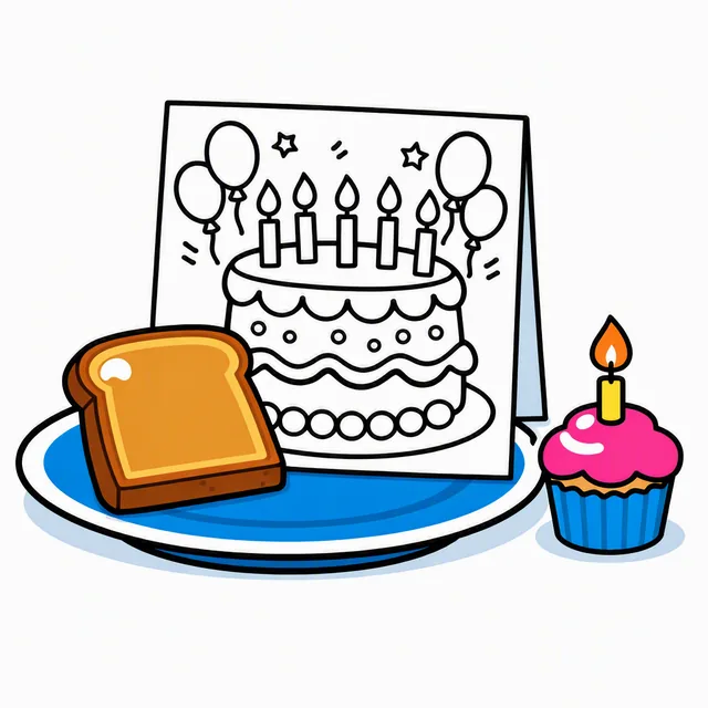 A breakfast plate of toast with a printed birthday-cake coloring page propped upright against it and a cupcake with a single lit candle beside it