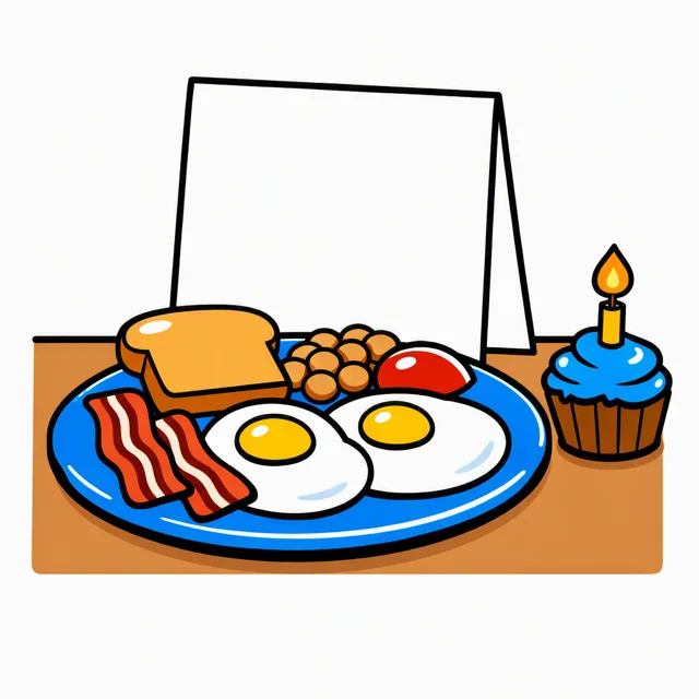 A breakfast plate on a table with a folded printed sheet propped up on it and a cupcake with a single lit candle beside it