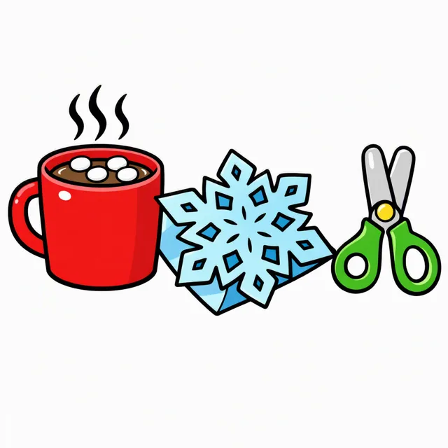 A steaming mug of hot cocoa beside a folded paper snowflake and a pair of round-tipped child-safe scissors