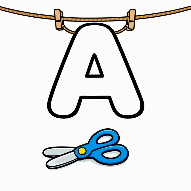 A giant blank outlined capital letter A cut from paper, hanging from a length of twine, with child-safe scissors below it