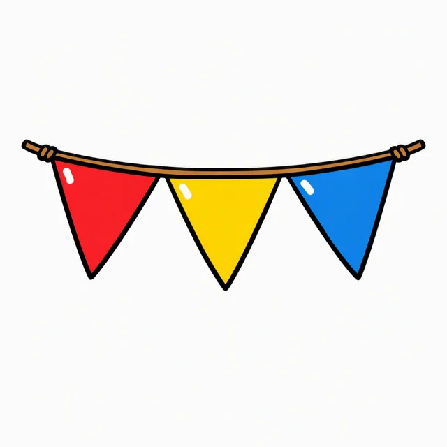 Three blank triangular paper bunting flags, each a different color, strung on a length of twine