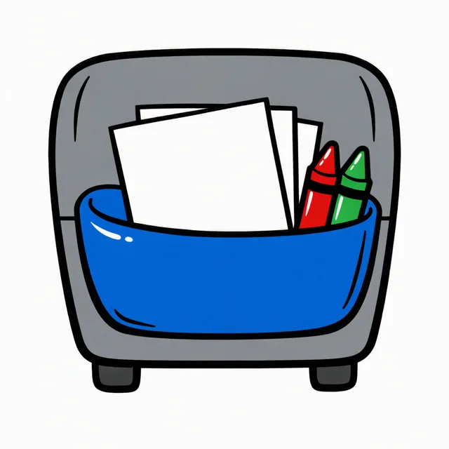A stack of printed sheets and two crayons tucked into the seat-back pocket of a car seat