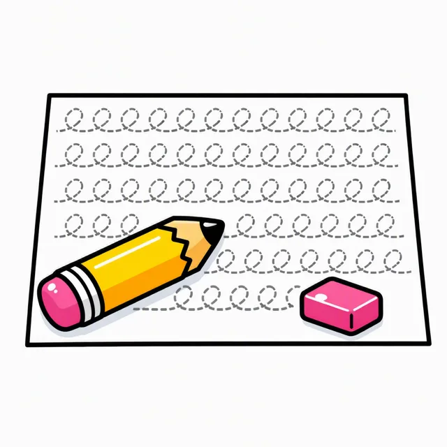 A yellow pencil and a pink eraser lying on a handwriting practice sheet covered in rows of dotted guide loops