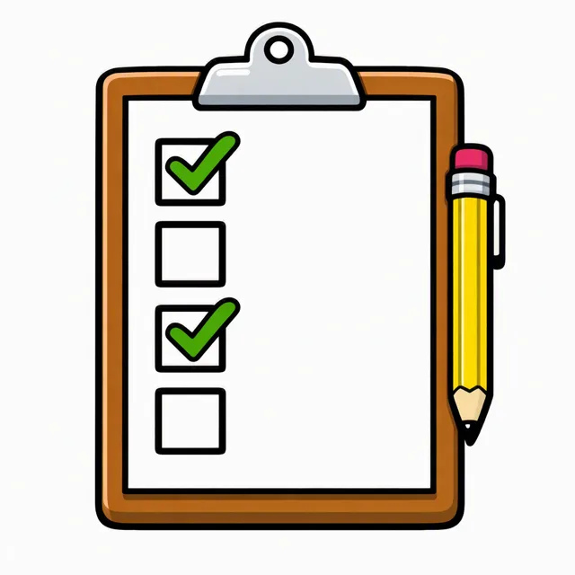 A wooden clipboard holding a checklist of four boxes, two of them ticked in green, with a pencil clipped to the side