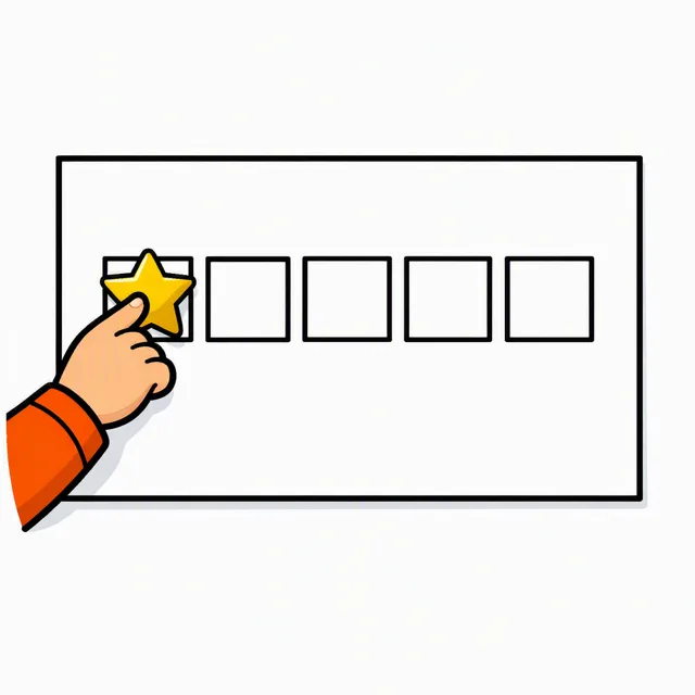 A cartoon child's hand pressing a gold star sticker into the first square of a blank chore chart