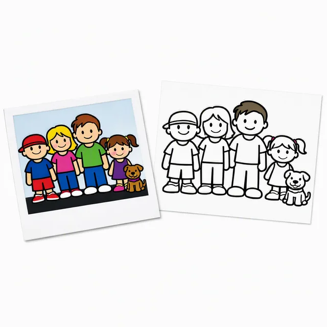 An instant photo of four cartoon family figures and a dog in full color, beside a printed sheet of the same family redrawn as a plain black-outline page