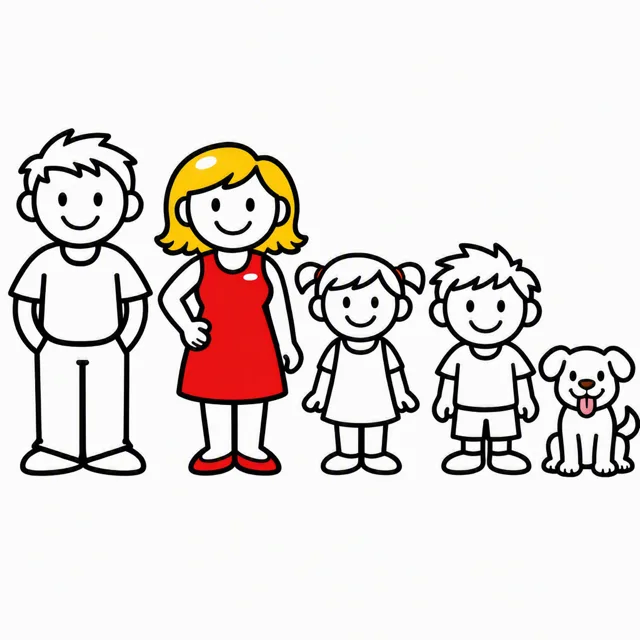 Four cartoon family figures and a dog standing in a row drawn as black outlines, with one figure filled in with flat color