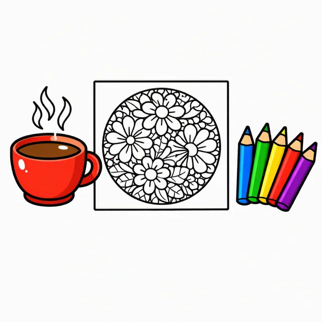 A steaming cup of tea beside a detailed circular floral line-art coloring page and a fan of colored pencils