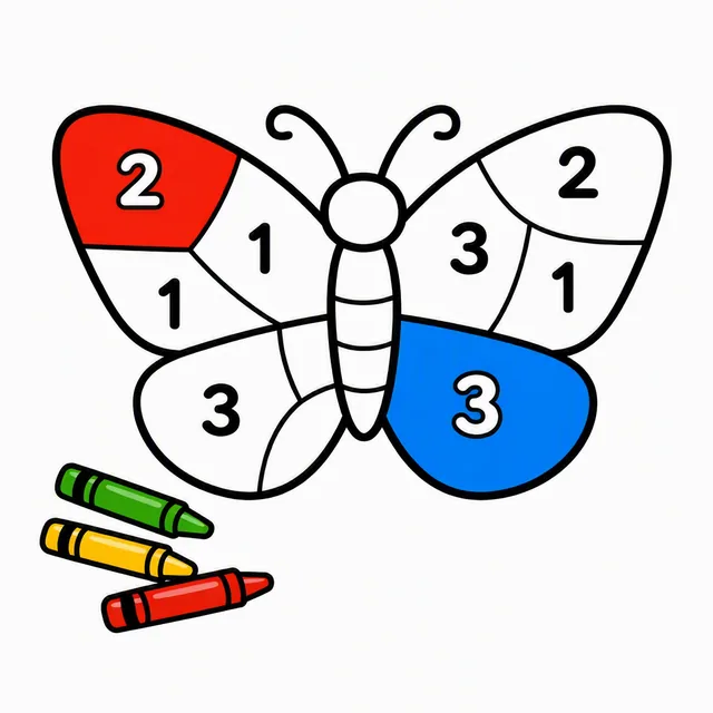 A butterfly color-by-number page with each section numbered 1 to 3, exactly two sections already colored in and the rest left white, beside three crayons