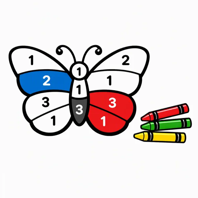 A butterfly color-by-number page with each section numbered 1 to 3, two sections already colored in, beside three crayons
