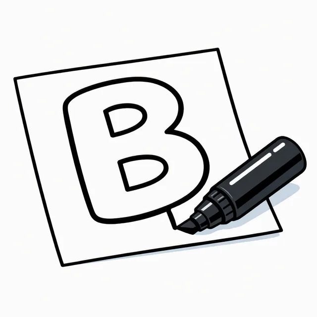 A chunky black marker drawing a fat rounded outlined capital letter B on a sheet of paper, its inside left blank to color in