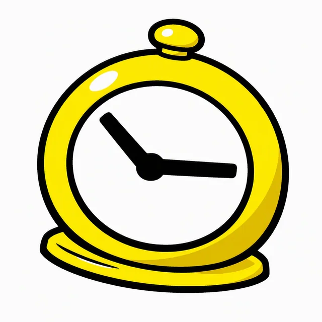 A round yellow wind-up kitchen timer tilted slightly, its plain white face carrying two black hands and nothing else, with a twist knob on top