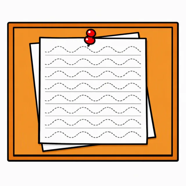 A tracing practice sheet of grey dotted wavy strokes pinned to a corkboard with a red push pin, a fresh blank sheet showing behind it