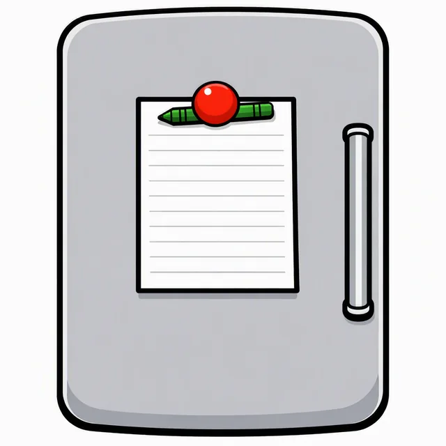 A blank ruled sheet held to a fridge door by a round red magnet, with a crayon tucked under the magnet