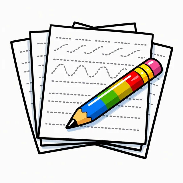 A small stack of handwriting practice sheets covered in rows of grey dotted guide strokes, with a striped pencil laid on top