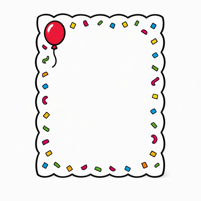 A party invitation card with a scalloped edge and a balloon and confetti printed round the border, its middle left completely blank