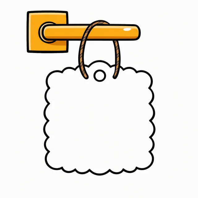 A blank scalloped paper door sign with a punched hole at the top, hanging by a loop of string from a cartoon bedroom door handle