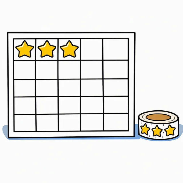 A reward chart ruled into a grid of empty squares with a gold star sticker inside each of the first three squares of the top row, and a roll of star stickers beside it