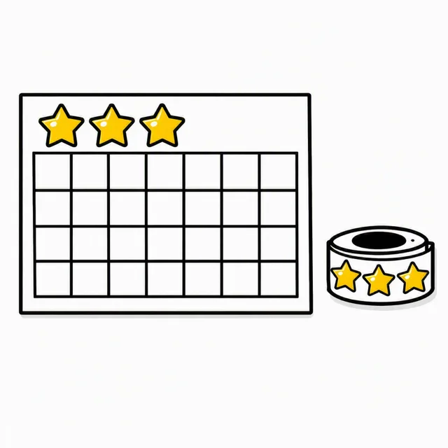 A blank reward chart ruled into a grid of empty squares, three gold star stickers pressed into the first row, and a roll of star stickers beside it