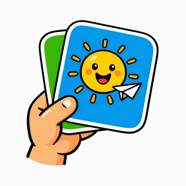 A cartoon child's hand holding out two small rounded playdate cards, the top one showing a smiling sun and a small paper airplane