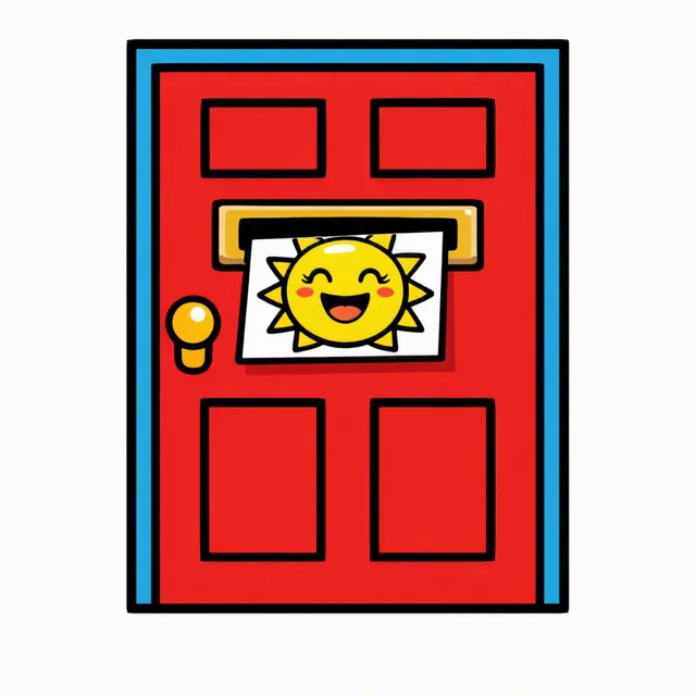 A card with a big smiling sun on it slipping halfway through the brass mail slot of a cartoon front door