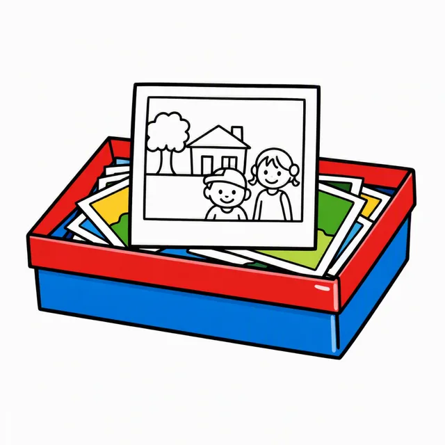 A vintage square photo print with a thick white border, its picture drawn as plain black line art, resting on the open lid of a shoebox of photos