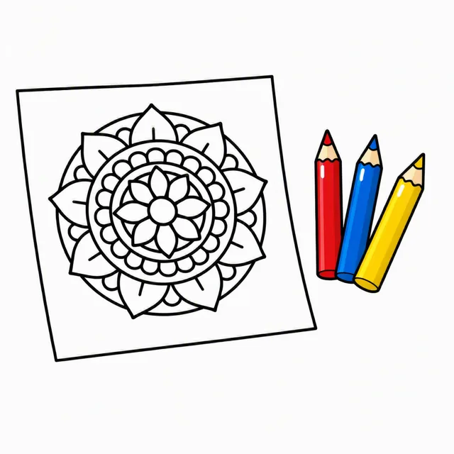 A circular mandala coloring page on a white sheet with three colored pencils beside it