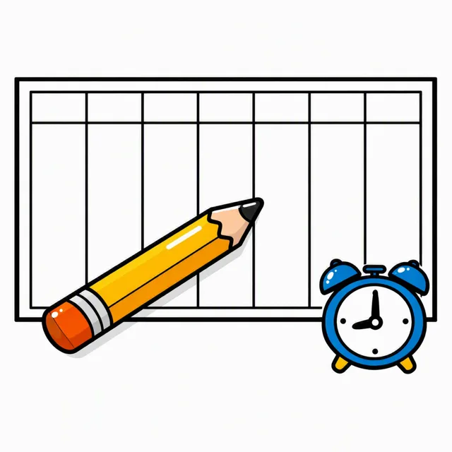 A blank weekly planner grid of seven columns with a chunky pencil laid diagonally across it and a small round alarm clock in the corner