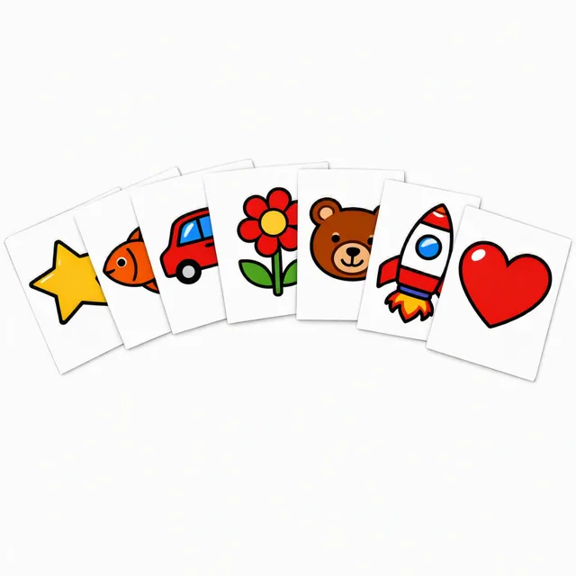 Seven printed sheets fanned out like a hand of cards, each showing one simple picture: a star, a fish, a car, a flower, a bear, a rocket and a heart