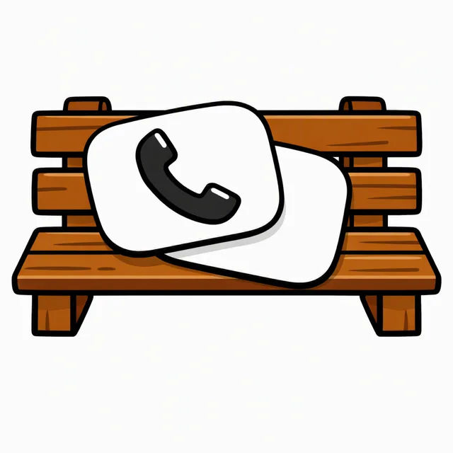Two small blank cards lying on a wooden park bench, the top one showing a cartoon telephone handset