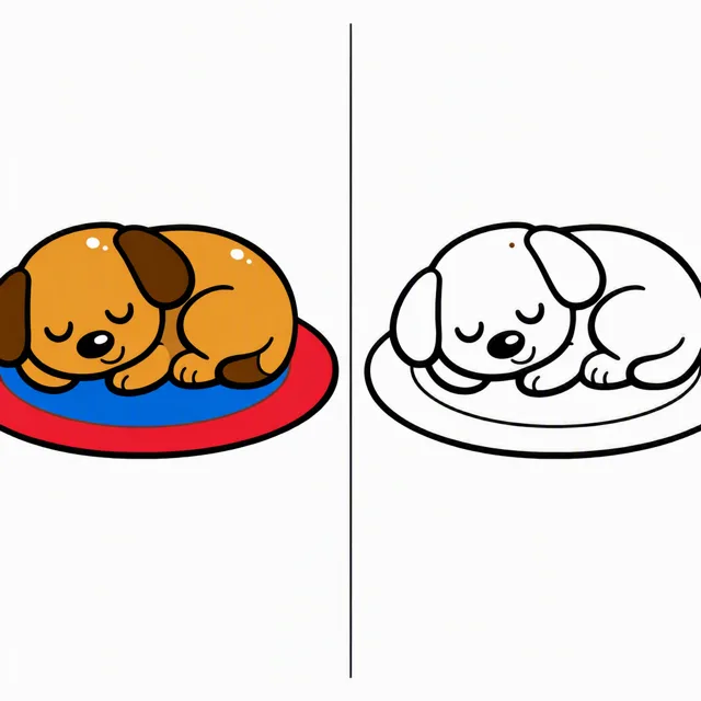 A cartoon dog curled up asleep on a round rug, the left half of the drawing in flat color and the right half as a plain black outline