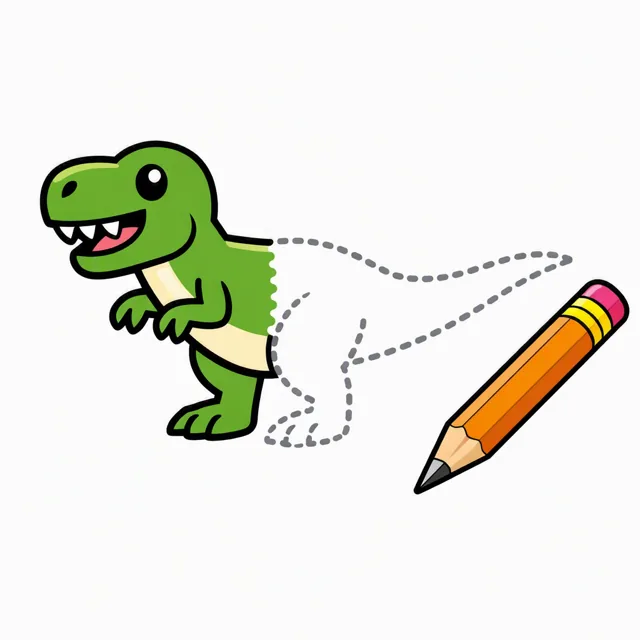 A cartoon dinosaur drawn half in solid black outline and half in grey dotted tracing lines, being traced with a chunky pencil