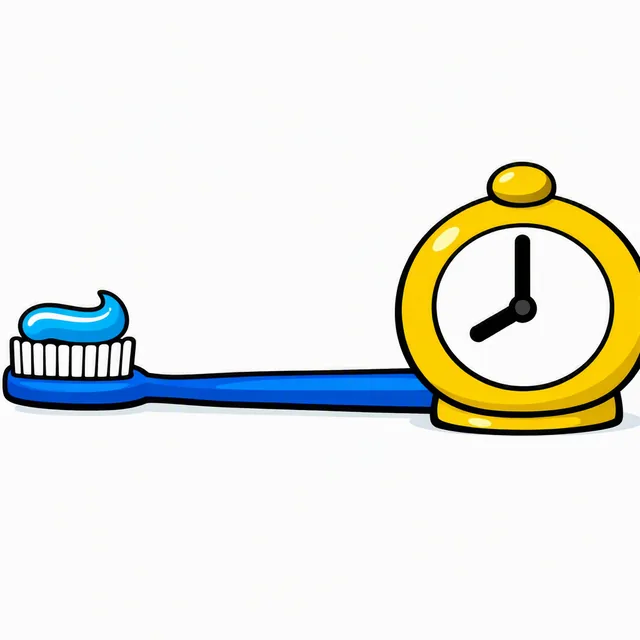 A cartoon toothbrush lying on its side with a swirl of blue toothpaste on its bristles, beside a round yellow wind-up kitchen timer whose plain white face carries two black hands and nothing else