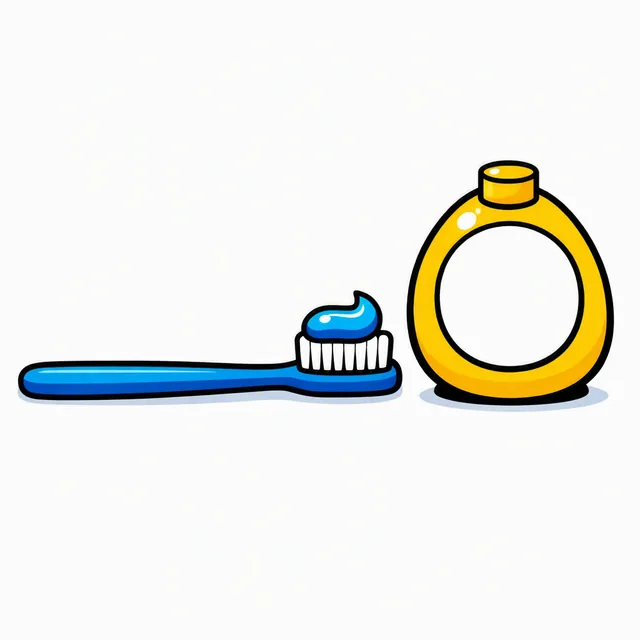 A cartoon toothbrush lying on its side with a swirl of blue toothpaste on its bristles, beside an egg-shaped kitchen timer