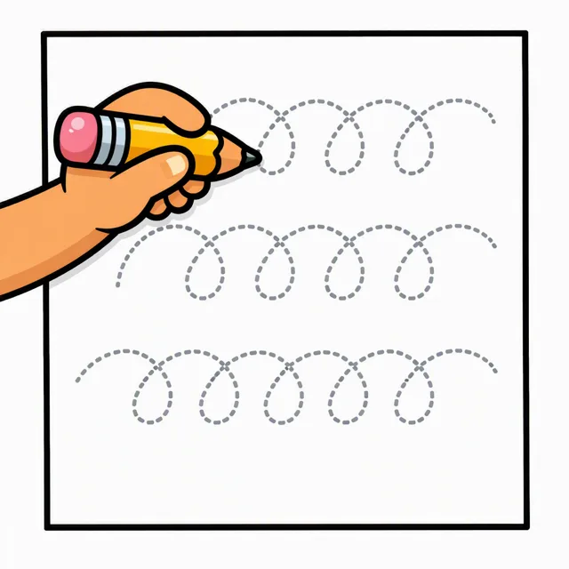 A cartoon child's hand holding a chunky pencil, tracing along rows of grey dotted guide loops on a printed sheet