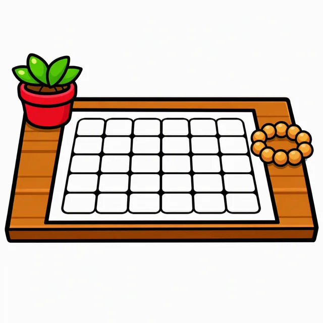 A weekly planner grid of soft rounded cells on a wooden table, with a small potted plant and a ring of wooden beads resting on one corner