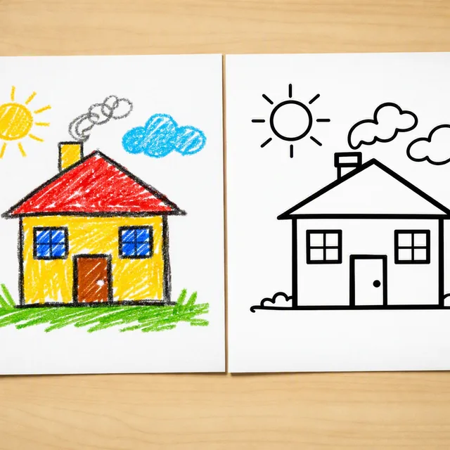 Two sheets side by side: a child's wobbly crayon drawing of a house on the left, the same house redrawn as crisp clean black line art on the right